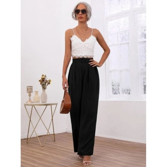 NEW SHEIN Frenchy High Waist Fold Pleated Wide Leg Pants Color Black Size L - Picture 3 of 5
